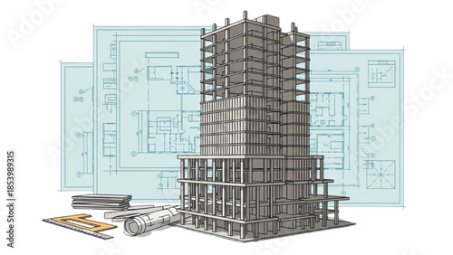 Detailed architectural blueprint illustration of a multi-story building under construction