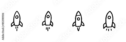 Rocket Launch Line Icon Set In Doodle Style. Space Exploration, Innovation, And Startup Growth Outline Sketch Collection. Hand Drawn Isolated Vector Illustration