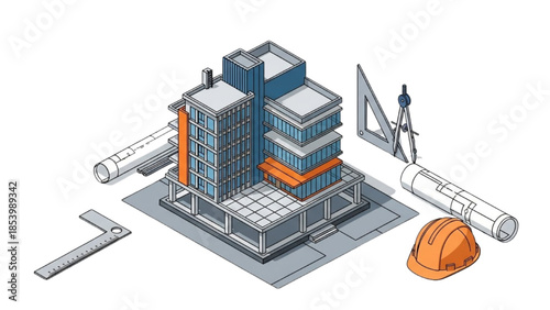 Isometric illustration of a building under construction with hard hat and construction plans surrounding it