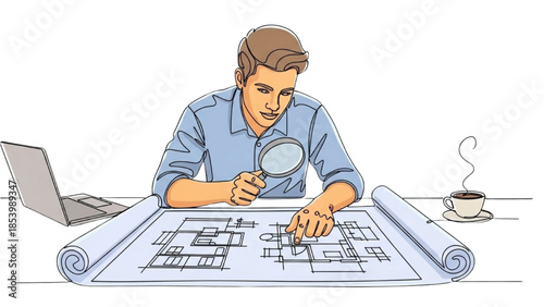 Man examining architectural blueprint with magnifying glass in a modern workspace