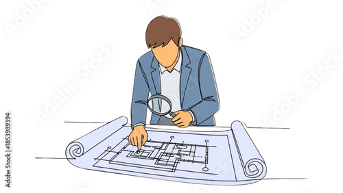 A person examining architectural blueprints with a magnifying glass