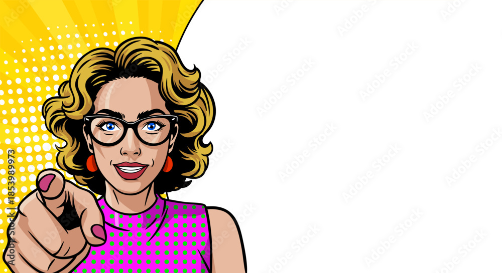 Fototapeta premium Woman with a blank banner. Pop art, retro comic.