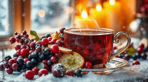 Glass cup of hot tea with steam, surrounded by red and black grapes and a dried lemon slice