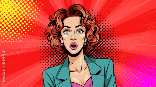 The woman's face expresses surprise. Pop art, retro comic.