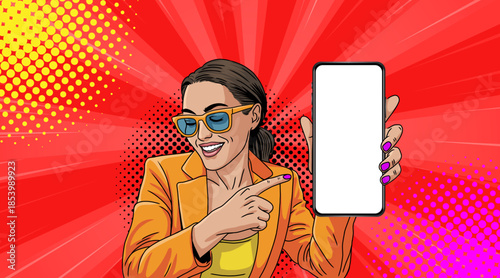 A girl holding a phone. A cartoon in a retro pop art style.