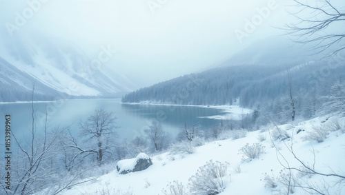 Wallpaper Mural Snow-covered trees in a winter landscape with a frozen lake Torontodigital.ca