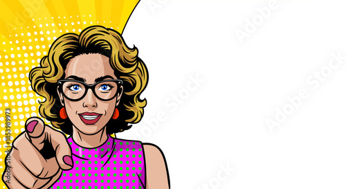 Woman with a blank banner. Pop art, retro comic.