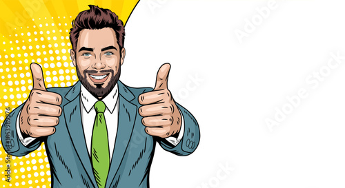 A businessman demonstrates that everything is fine with a blank banner. Pop art cartoon.
