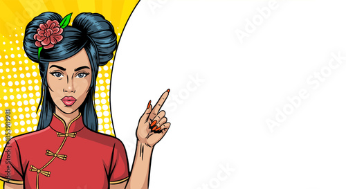 Woman in oriental clothing with a blank banner. Pop art, retro comic.