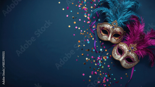 Due maschere di carnevale veneziane con piume e coriandoli su sfondo blu. Generative AI