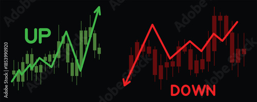 Up and Down Arrow Graph Vector, Green and Red 3D Business Trend Illustration.