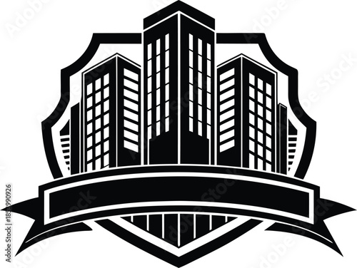 City skyline emblem with shield and banner