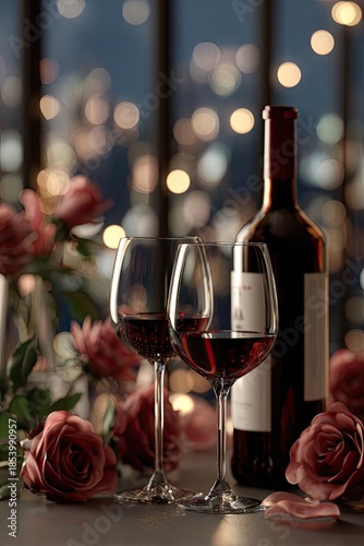 Elegant wine glasses and bottle with roses in romantic ambient lighting