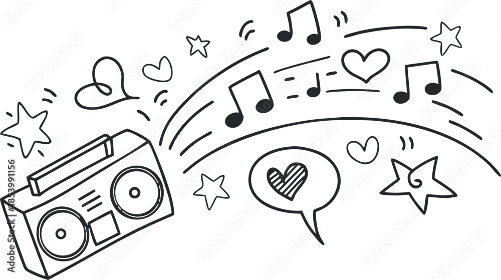 Obraz premium Hand-Drawn Megaphone Illustration with Musical Notes, Hearts, and Stars Doodle Art
