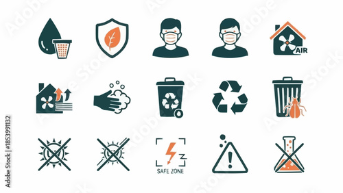 Collection of icons representing safety and environmental awareness symbols.