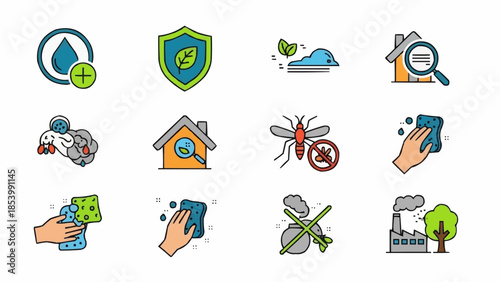 Collection of Icons Representing Environmental Protection and Pest Control Services.