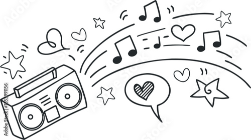 Hand-Drawn Megaphone Illustration with Musical Notes, Hearts, and Stars Doodle Art