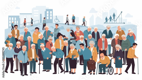 Diverse group of elderly people gathered together outdoors.