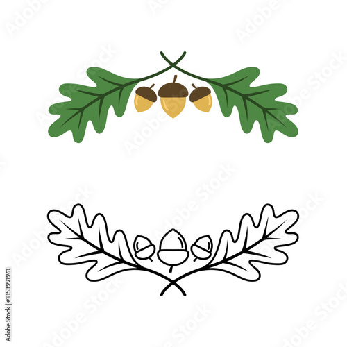 Symmetrical set of oak leaves and acorns in two styles: colored and black outline. Ideal for seasonal graphics, botanical illustrations, educational materials, and nature-themed UI elements.