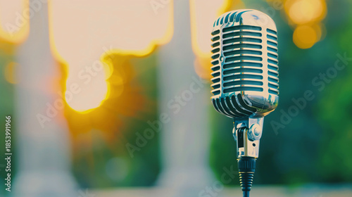 Retro silver microphone on stand in front of blurred government building pillar during sunset for political speech or press conference