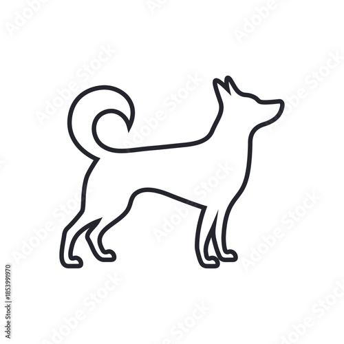 Minimalist black line icon of a dog in profile view with curled tail and pointed ears. Represents pets, loyalty, domestic animals, and canine themes. Ideal for logos, UI elements, veterinary graphics.