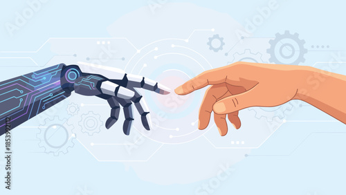 Futuristic robot hand touching human hand. Artificial intelligence. AI collaboration. Machine partnership. Cybernetic technology. Digital innovation. Future synergy. Tech connect