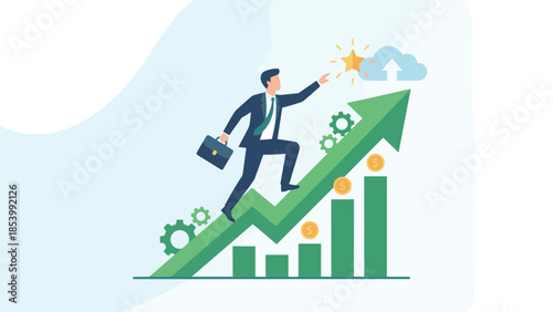Businessman climbing arrow chart to success. Financial growth concept. Reaching star goal. Career advancement. Profit money coins. Corporate performance. Flat business vector design