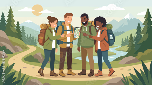 Diverse friends hiking mountains looking at smartphone map. Happy tourists with backpacks navigating route. Active lifestyle travel adventure. Flat vector illustration. Nature outdoors.
