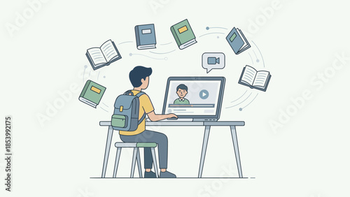 Online education concept. Student sitting at desk with laptop. Floating books. Distance learning webinar. Digital classroom study. Remote school technology. Internet video lesson