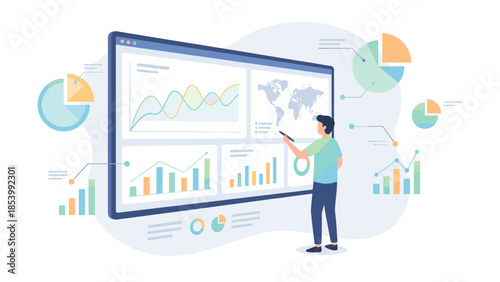 Data analytics dashboard concept. Man analyzing financial graphs on screen. Business statistics report. Market research trend. Digital technology monitoring. Big data visualization.