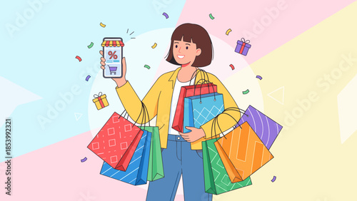 Happy woman shopper holding bags and smartphone with discount app. Online ecommerce concept. Mobile payment sale promotion. Consumer buying retail gifts. Joyful customer vector.