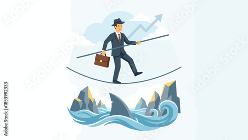 Businessman balancing on tightrope over sharks. Business risk concept. Danger challenge crisis management. Executive walking rope. Financial instability career survival strategy