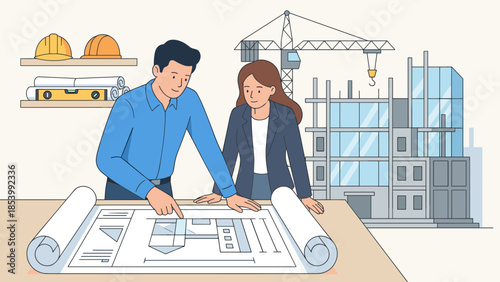 Architect showing blueprint to client. Construction planning concept. Engineer discussing building project. Real estate development meeting. Industrial site. Civil engineering.