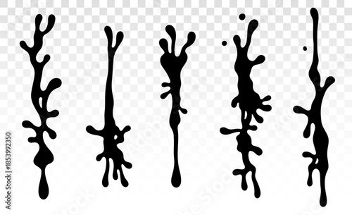 Set of five vertical black ink drip shapes with irregular contours and branching edges. Ideal for grunge-style design, horror themes, artistic textures, and creative overlays. Digital art.