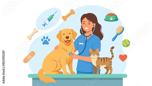Veterinary service concept. Female veterinarian examining happy dog and cat. Pet healthcare checkup. Medical icons syringe food. Vet clinic cartoon illustration. Animal doctor.