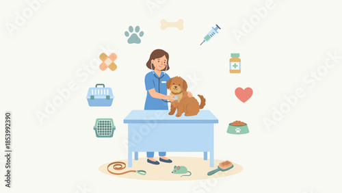 Veterinarian examining dog. Pet care veterinary clinic. Female doctor stethoscope. Medical icons. Animal hospital treatment. Puppy health checkup. Vector illustration. Flat concept.