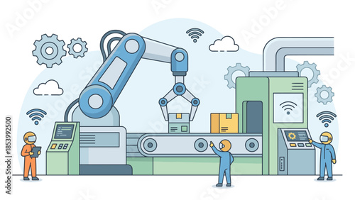 Robotics and automation concept. Robotic arm assembling products on conveyor belt. Tiny engineers monitoring smart factory. Industrial manufacturing. Industry 4.0 production line.