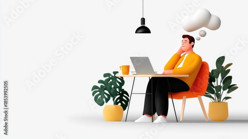 Daydreamer at the Desk: A pensive individual, immersed in thought, leans back at their desk, a symbol of introspection and creative imagination in a serene environment.