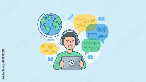 Online language learning education. Student with headphones and tablet. Global communication study. International speech bubbles with foreign text. E-learning vector illustration