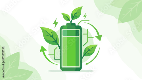 Green energy battery concept. Sustainable power with leaves. Eco friendly electricity storage. Renewable technology. Nature environment. Clean electric innovation. Ecology symbol.