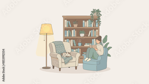 Woman reading in cozy nook with sleeping cat on armchair. Home library interior with wooden bookshelf, plants and lamp. Relaxation, hygge and study concept. Flat vector illustration.