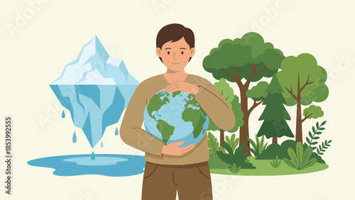 Climate change awareness. Man holding planet earth. Melting iceberg vs green forest. Global warming. Environmental protection. Sustainability. Save nature. Ecology concept. Vector graphic.