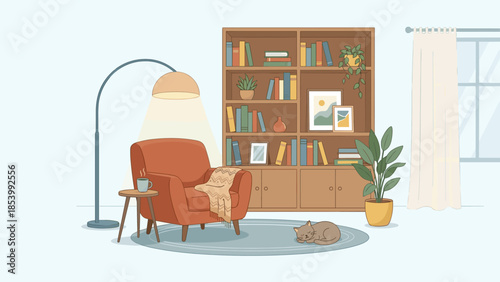 Cozy reading nook interior with armchair, bookshelf, lamp and sleeping cat. Relaxing home living room furniture. Flat vector illustration. Hygge lifestyle. Quiet comfort design.