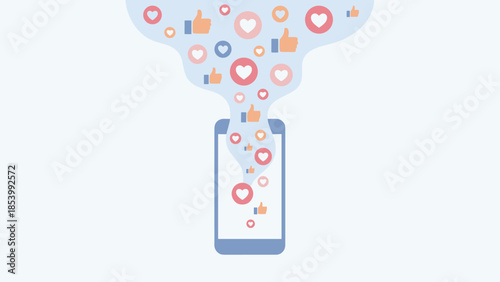 Social media marketing concept. Smartphone emitting hearts and likes. Mobile engagement. Viral content flow. Digital love. Thumbs up feedback. Follower influence. Internet popularity.