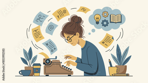 Freelance writer woman typing on retro typewriter. Creative content creation concept. Flying papers. Author working hard. Inspiration idea bubble. Copywriter blogging. Storytelling.