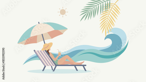 Summer vacation relaxation background. Woman lying on lounge chair under umbrella on beach. Tropical holiday travel with sea waves and palm tree leaves. Flat vector illustration