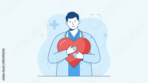 Doctor holding big red heart symbol with care, cardiology and healthcare love concept, compassionate medical support, hospital cardiologist illustration, heart disease prevention, health insurance
