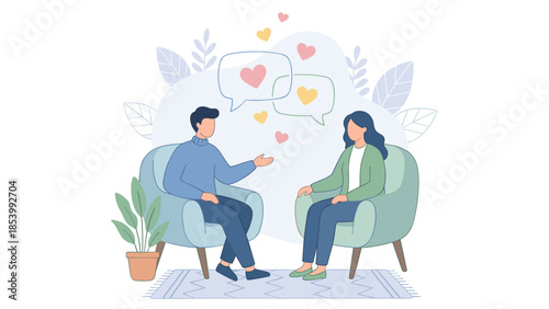Mental health therapy counseling. Psychologist patient sitting armchairs. Empathy support concept. Dialogue bubbles. Man woman talking. Psychological help. Vector illustration flat.