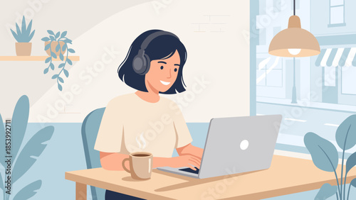 Young woman freelancer working on laptop in cozy coffee shop. Remote worker with headphones and hot coffee cup. Digital nomad girl studying or business. Flat vector illustration.