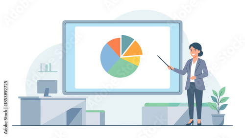 Businesswoman giving presentation. Pointing at pie chart on whiteboard. Financial data analysis statistics. Corporate meeting strategy report. Office flat vector illustration.